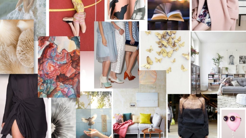 Die Definition der Nische und Identität Ihrer Bekleidungsmarke Visuelles Moodboard, das Elemente der Markenidentität einer Modemarke zeigt