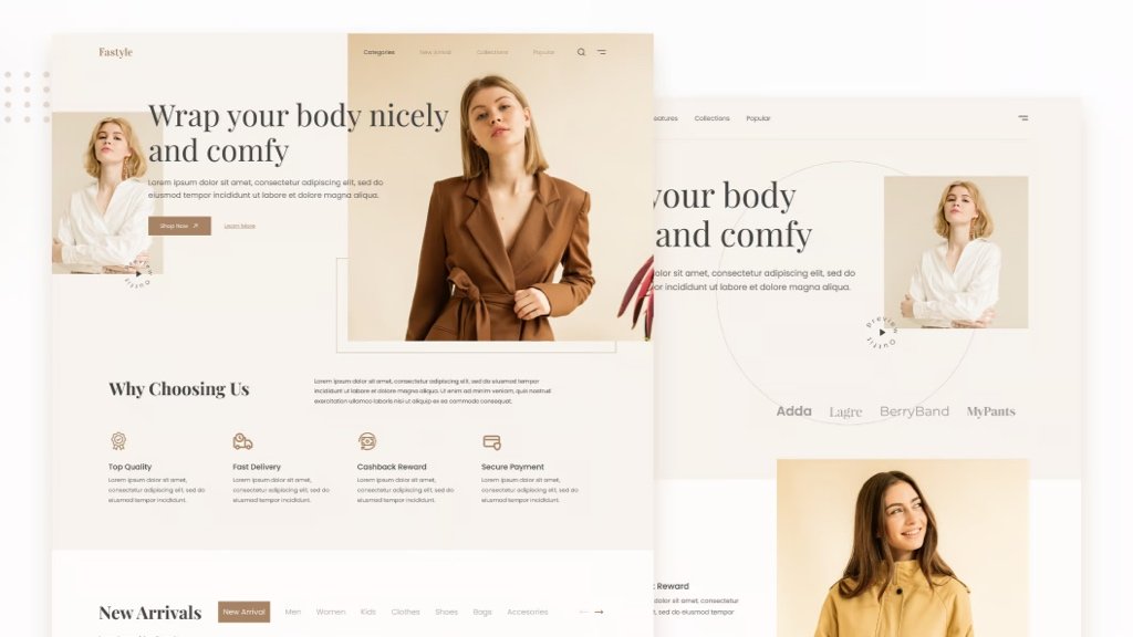 Erstellen Sie Ihren Online-Mode-Shop und Ihre digitale Präsenz Moderne Modemarke-Website auf Laptop und Telefon angezeigt